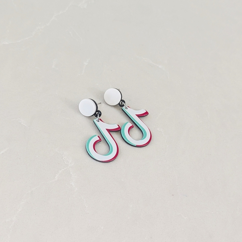 Acrylic TikTok Logo Dangle Earrings in White, Teal & Pink - Picture 4 of 5
